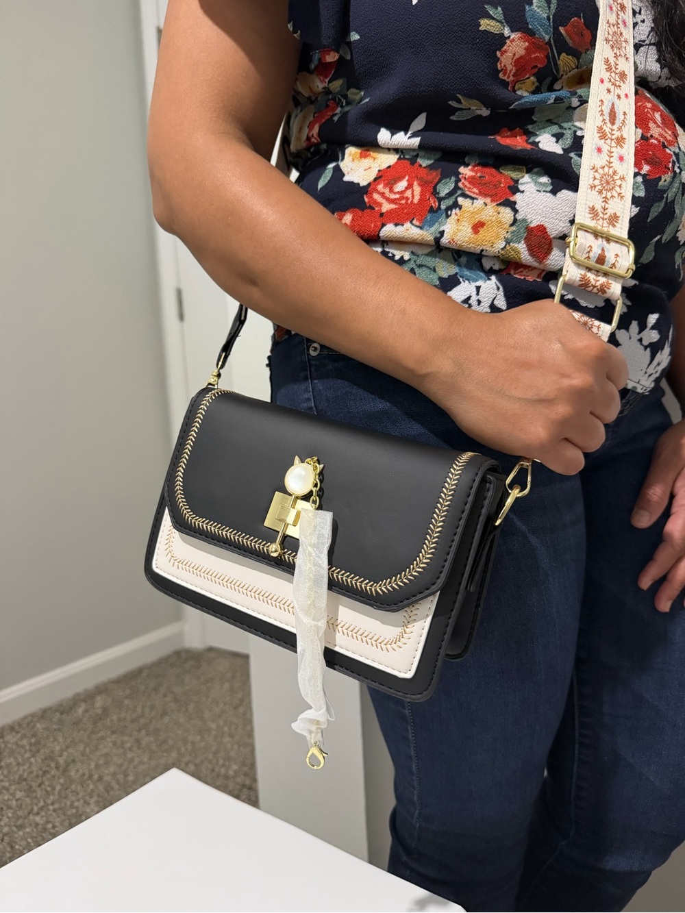 Black and Cream Crossbody Bag with Gold Accent